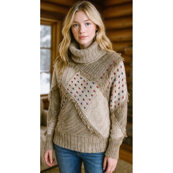 Vintage 80s Answers by Riddles Patchwork Knit Fringe Sweater Boho Size Medium - Picture 1 of 6